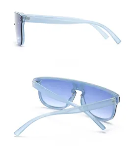 Detail view showing side and back profiles of blue gradient oversized sunglasses