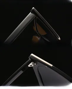Detail of high-quality black cat eye frame showing reinforced hinges and UV protection lens