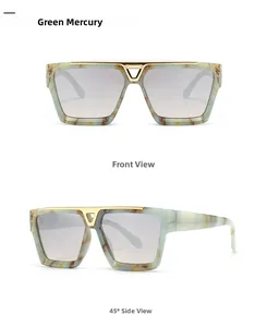 Close-up of green mercury frame sunglasses with a distinctive gold triangle metal detail