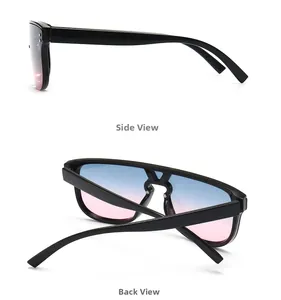 Detail view of large frame sunglasses with blue-pink gradient lenses and sleek black temples