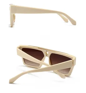 Side and back view of retro beige flat top sunglasses with gradient brown lenses