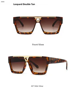 Detail of square oversized leopard print sunglasses with V-shaped gold metal bridge