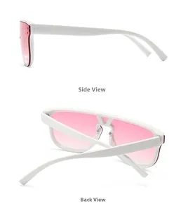 Side and back view of oversized fashion sunglasses with white frames and pink lenses