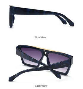 Detail view showing the marble blue frame and side profile of the flat top sunglasses
