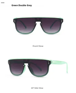 Front and side view of mint green oversized sunglasses with grey gradient lenses