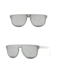 Front and side view of white oversize shield sunglasses with silver mirror lenses