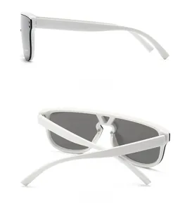 Side and back view of white oversized sunglasses with gray lenses and thick temples