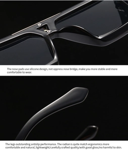 Detail of high-gloss black sunglasses showing ergonomic nose pads and curved temples