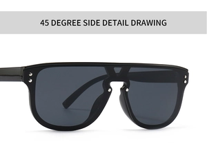 Detailed 45-degree side view of oversized black wrap sunglasses with silver rivets