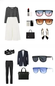 Flat lay of oversized sunglasses paired with trendy outfits for men and women