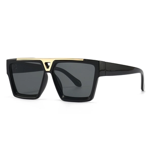 Retro flat top square sunglasses with black frame and golden metal V detail