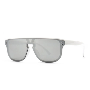 Oversized shield sunglasses with white frame, silver mirrored lenses and rivet accents
