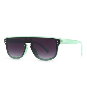 Fashionable mint green oversized sunglasses with gradient purple lenses and silver studs