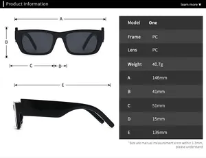 Size chart showing PC frame dimensions and weight for rectangular fashion sunglasses
