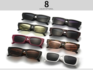Multiple stylish rectangular sunglasses in eight vibrant colors on a clean white background