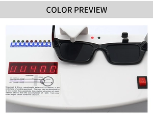 Detail showing square black sunglasses on a UV400 tester demonstrating sun protection