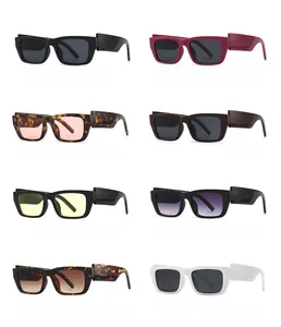 Matrix display of eight colorful rectangular sunglasses with thick plastic frames