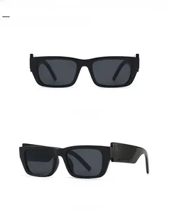 Front and side view of minimalist black rectangular sunglasses with grey lenses