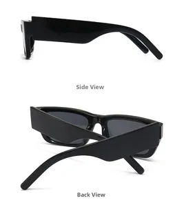 Detail view of glossy black rectangular sunglasses with wide temples and modern square frames