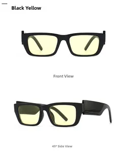 Front and 45-degree side view of black rectangular sunglasses with yellow lenses