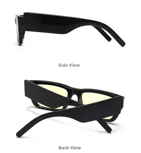 Side and back view of retro square black sunglasses with yellow transparent lenses