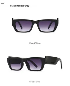 Rectangle black sunglasses with purple gradient lenses and wide temples in dual views