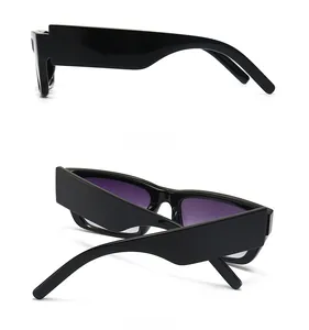 Side and back view of rectangular black sunglasses with purple gradient lenses