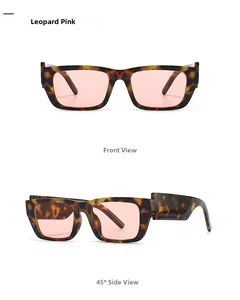 Front and side view of leopard print rectangular sunglasses with pink tinted lenses