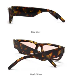 Detailed side and back view of wide tortoiseshell sunglasses with light pink lenses