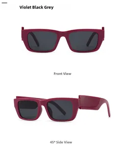 Violet rectangular sunglasses with grey lenses shown in front and 45-degree side views