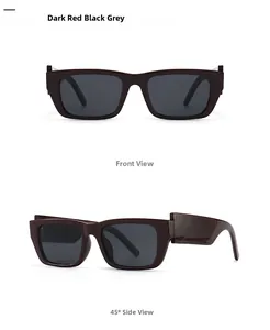 Detail view of dark red rectangular sunglasses with black lenses from front and side angles