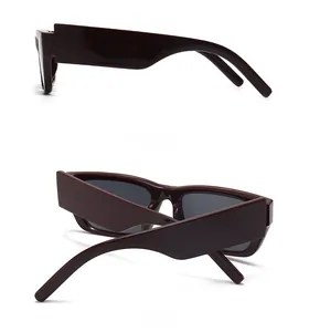 Detail view showing side and back angles of vintage thick rectangle sunglasses in dark brown