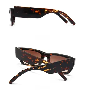 Side and back view of retro tortoiseshell rectangle sunglasses with thick acetate frame
