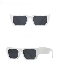 Detailed front and side view of white rectangular sunglasses with dark lenses