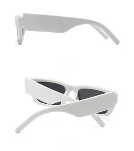 Side and back view of retro thick frame rectangular sunglasses in white and black