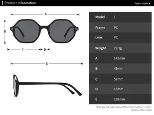 Detailed size guide and measurements for hexagonal frame anti-blue light glasses