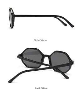 Side and back view of retro narrow hexagonal black frame sunglasses with dark lenses