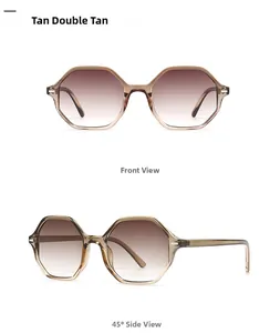 Detailed views of tan double tan hexagonal sunglasses in front and 45 degree side profiles