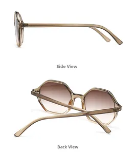 Detail view showing side profile and back hinge of narrow hexagonal retro sunglasses