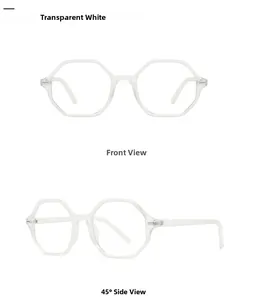 Macro detail of hexagonal transparent white eyeglass frames from front and side angles