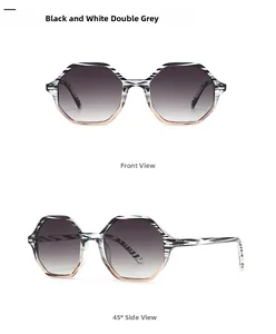 Detailed views of narrow hexagonal striped frames with dark grey gradient lenses