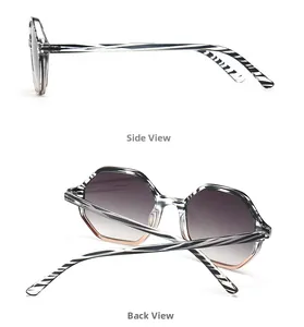 Side and back view of hexagonal sunglasses with black-white zebra pattern and gradient lenses