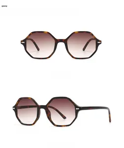 Front and 45-degree side views of vintage tortoiseshell hexagonal leopard print sunglasses
