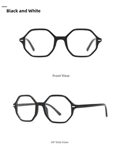 Front and side view of minimalist black hexagonal full-rim glasses with a sleek finish