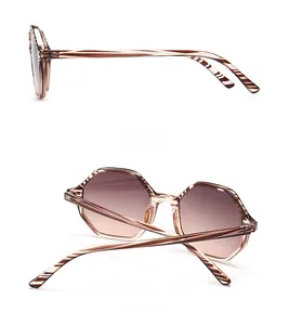 Detailed side and back views of trendy narrow hexagonal sunglasses with gradient lenses