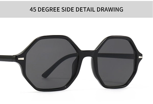 Macro side view of black hexagonal sunglasses with silver metal accents on the frame