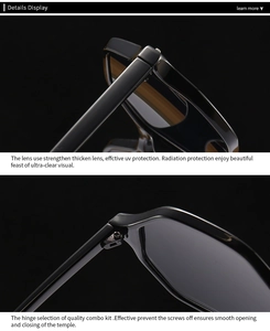 Detail view of reinforced metal hinges and protective UV lenses on black hexagonal glasses
