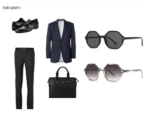 Business casual outfit with narrow hexagonal sunglasses and leather accessories