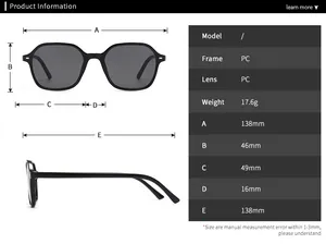 Detailed sizing chart and specifications for blue light blocking hexagonal glasses