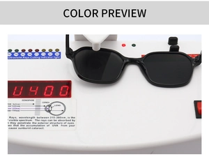 Detailed UV400 protection test showing 400nm block rating on black square sunglasses